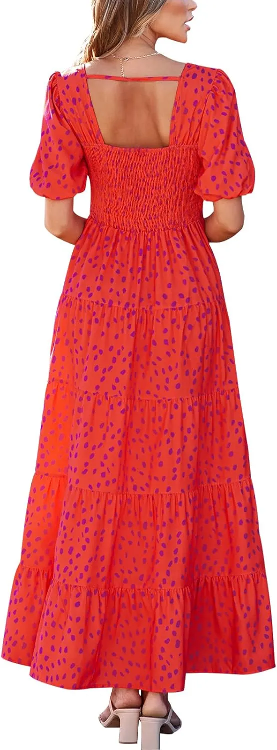 PRETTYGARDEN Womens Dresses 2025 Puff Sleeve Floral Casual Summer Dress Smocked Back Beach Flowy Tiered Maxi Sundress