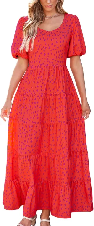 PRETTYGARDEN Womens Dresses 2025 Puff Sleeve Floral Casual Summer Dress Smocked Back Beach Flowy Tiered Maxi Sundress