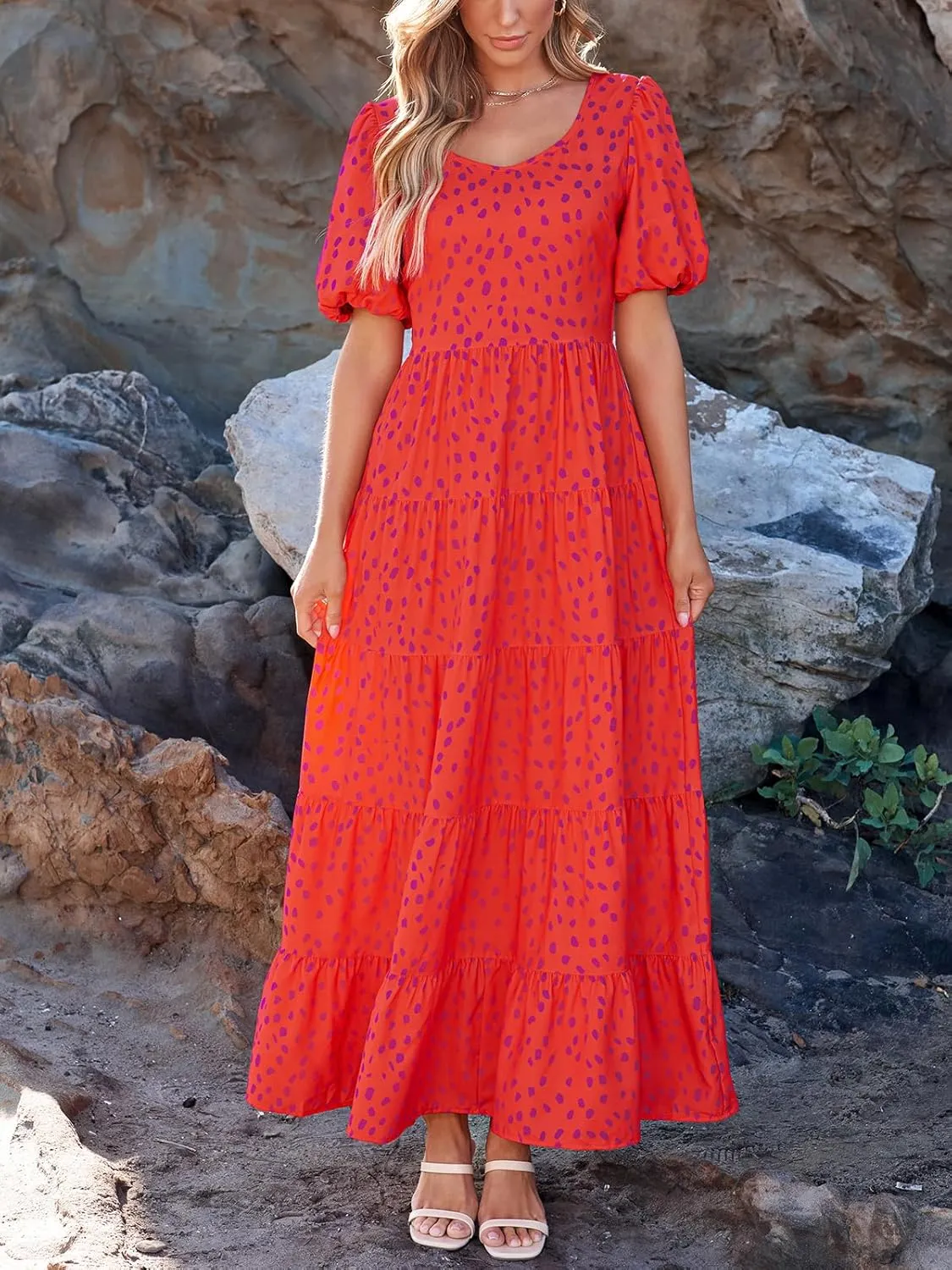 PRETTYGARDEN Womens Dresses 2025 Puff Sleeve Floral Casual Summer Dress Smocked Back Beach Flowy Tiered Maxi Sundress