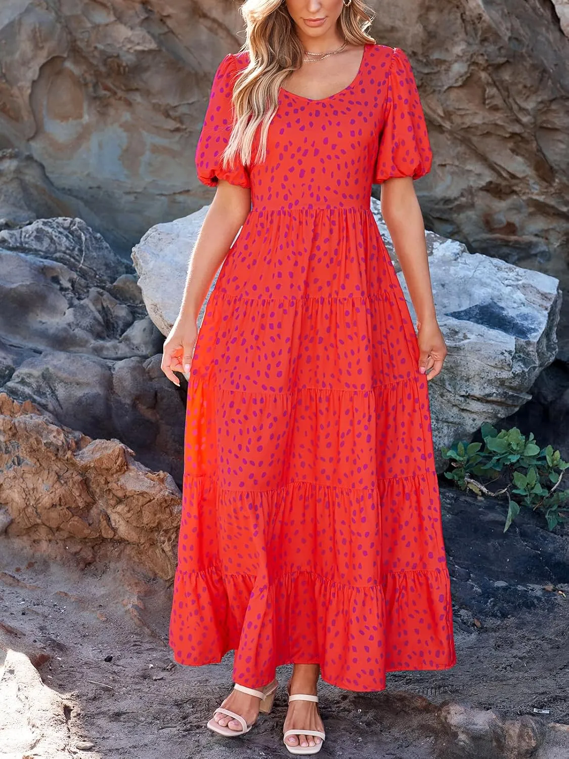 PRETTYGARDEN Womens Dresses 2025 Puff Sleeve Floral Casual Summer Dress Smocked Back Beach Flowy Tiered Maxi Sundress