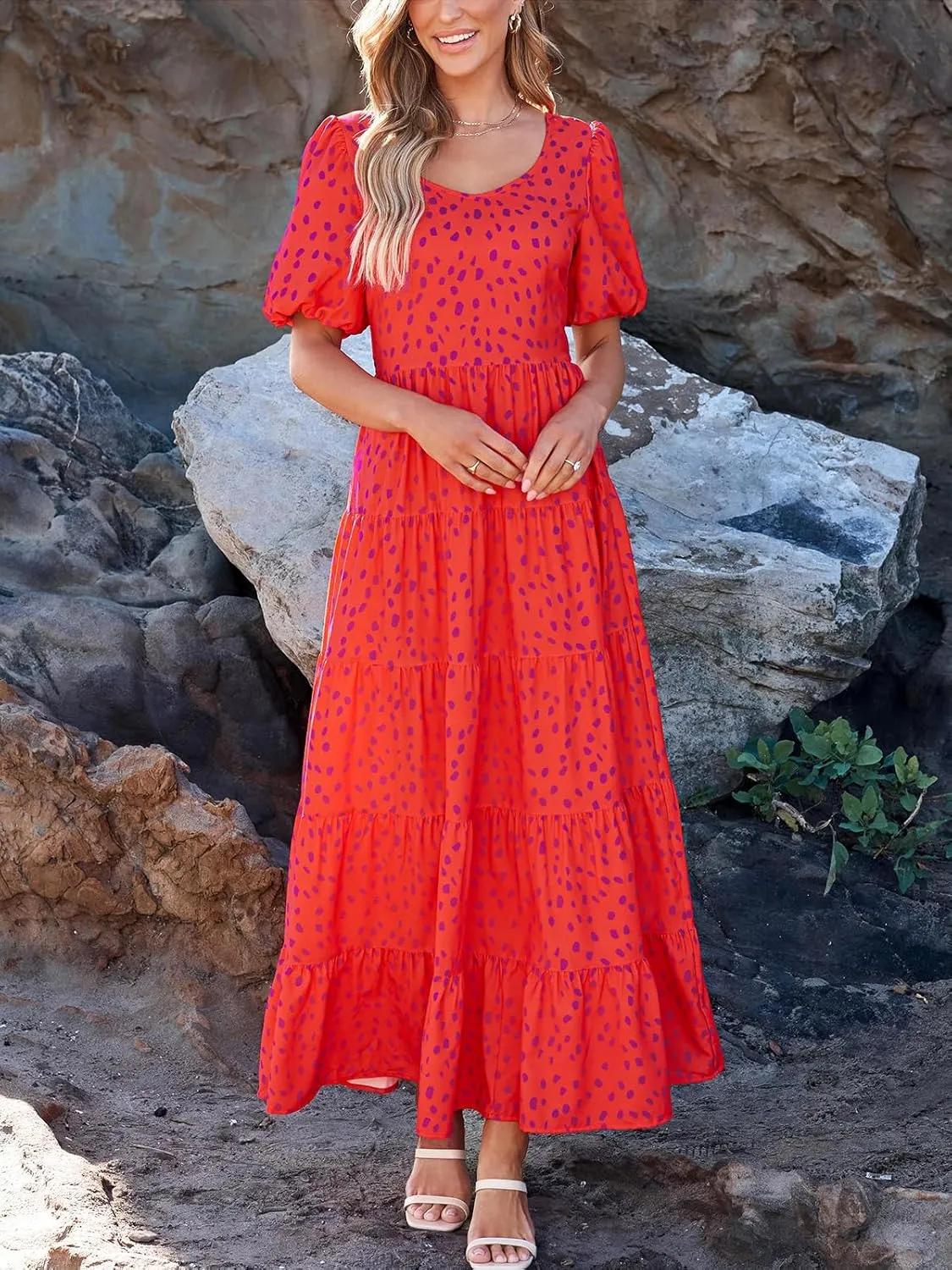 PRETTYGARDEN Womens Dresses 2025 Puff Sleeve Floral Casual Summer Dress Smocked Back Beach Flowy Tiered Maxi Sundress