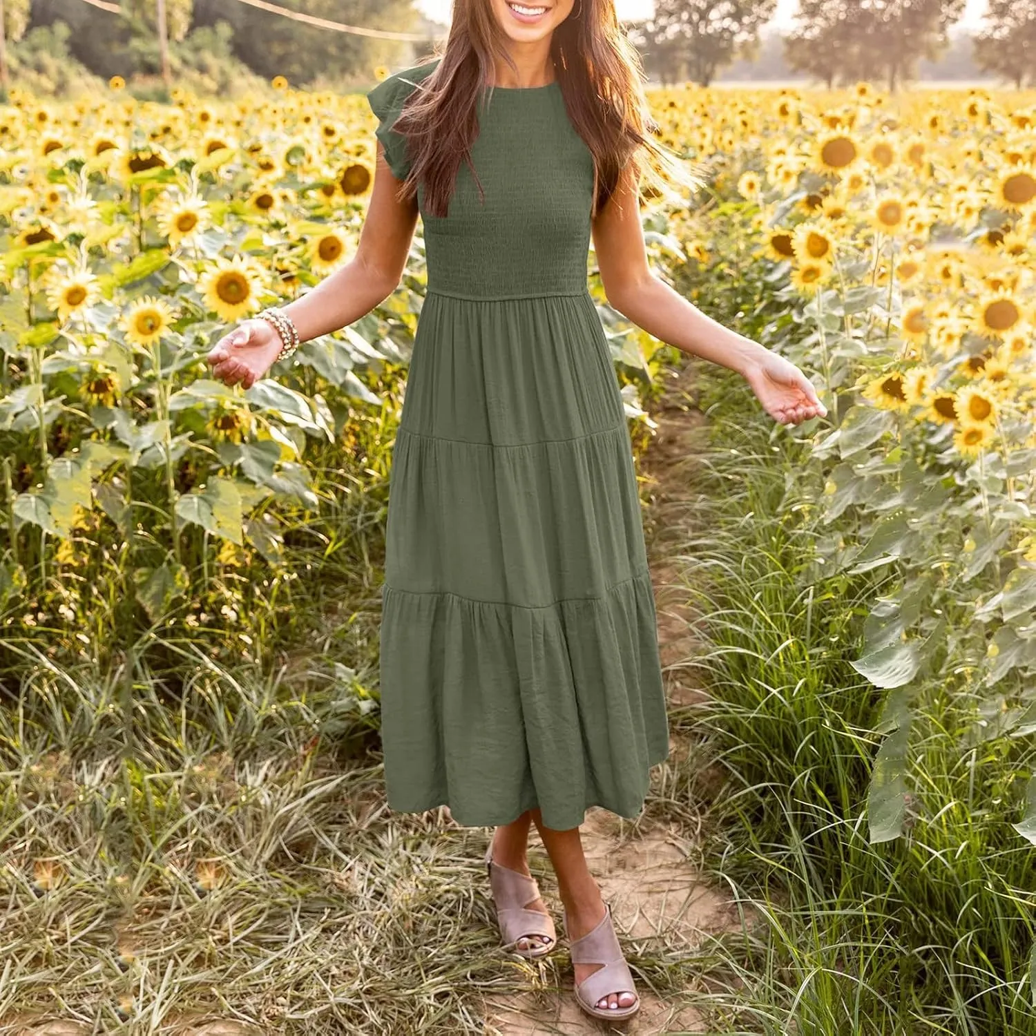 PTOLOCIF Women's Summer Casual Flutter Short Sleeve Crew Neck Smocked Elastic Waist Tiered Midi Dress Womens Sleeveless