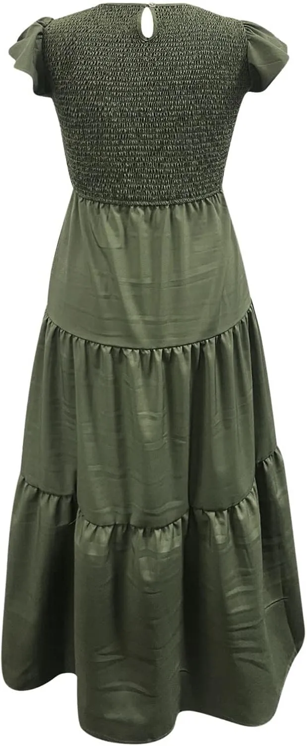 PTOLOCIF Women's Summer Casual Flutter Short Sleeve Crew Neck Smocked Elastic Waist Tiered Midi Dress Womens Sleeveless