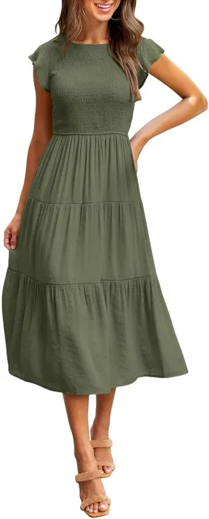 PTOLOCIF Women's Summer Casual Flutter Short Sleeve Crew Neck Smocked Elastic Waist Tiered Midi Dress Womens Sleeveless