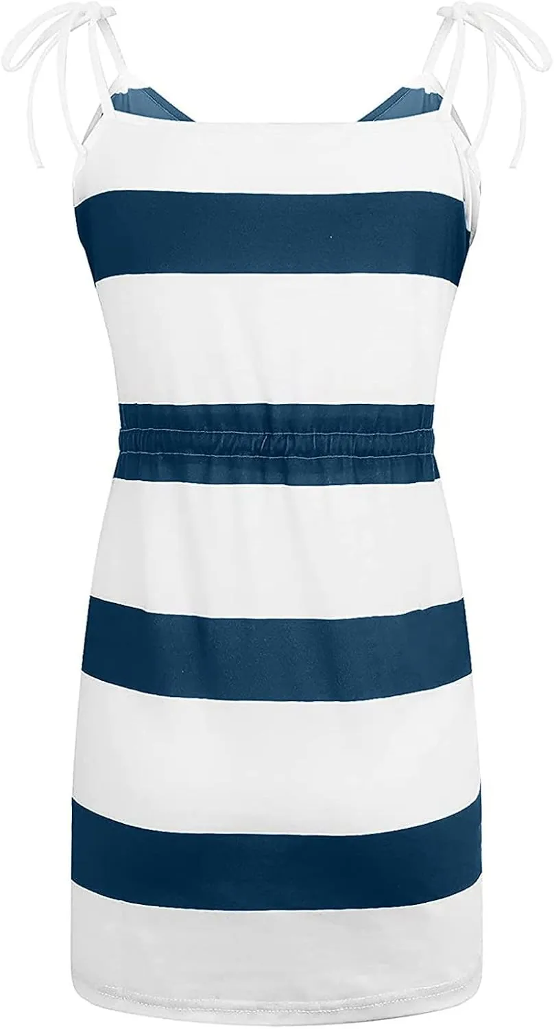 Qeaghou Summer Dresses for Women 2024 Casual Loose Sling V Neck Mini Dress Trendy Striped Drawstring Sundresses with Pockets