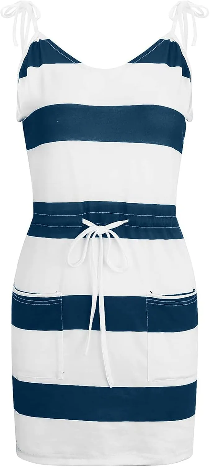 Qeaghou Summer Dresses for Women 2024 Casual Loose Sling V Neck Mini Dress Trendy Striped Drawstring Sundresses with Pockets