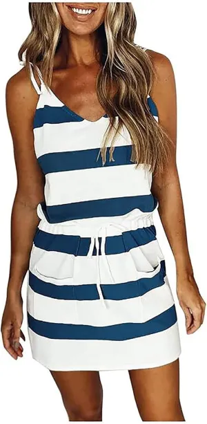 Qeaghou Summer Dresses for Women 2024 Casual Loose Sling V Neck Mini Dress Trendy Striped Drawstring Sundresses with Pockets