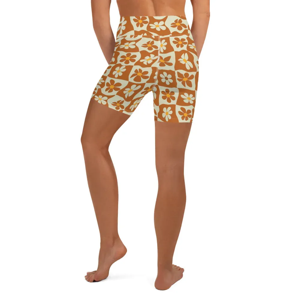 Retro Flower Checkerboard Yoga Shorts