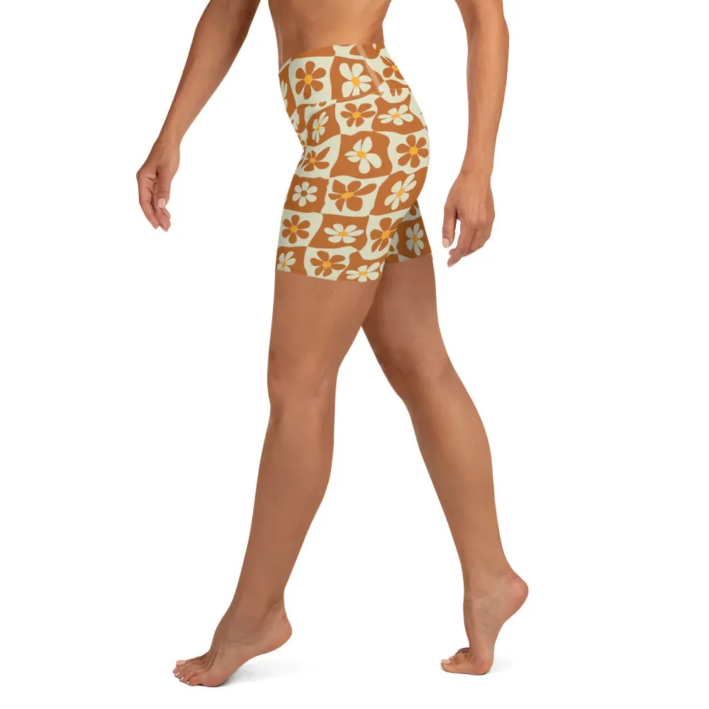 Retro Flower Checkerboard Yoga Shorts