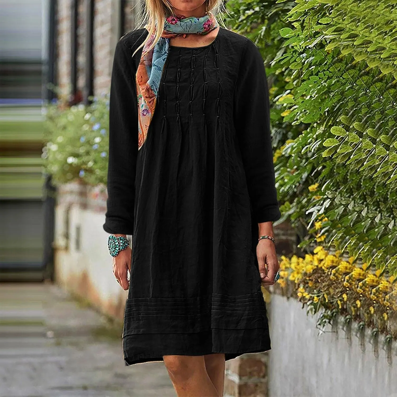 RKSTN Fall Dresses for Women 2025 Casual Cotton Linen Tshirt Dress Long Sleeve Pleated Solid Plus Size Midi Dress