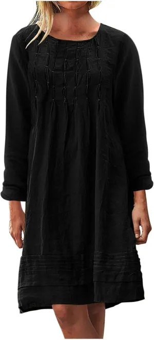 RKSTN Fall Dresses for Women 2025 Casual Cotton Linen Tshirt Dress Long Sleeve Pleated Solid Plus Size Midi Dress