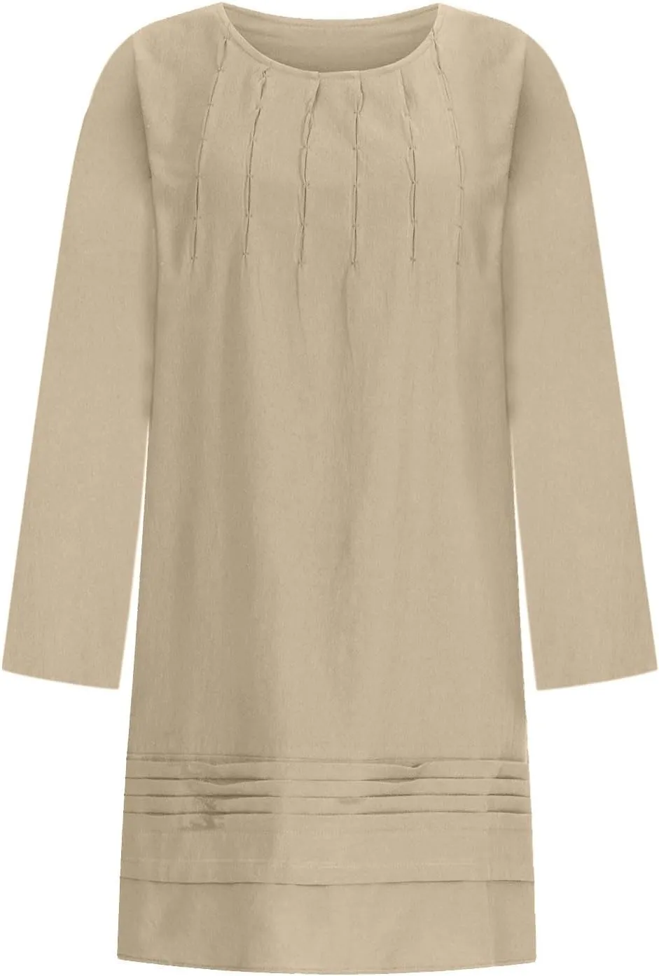 RKSTN Fall Dresses for Women 2025 Casual Cotton Linen Tshirt Dress Long Sleeve Pleated Solid Plus Size Midi Dress