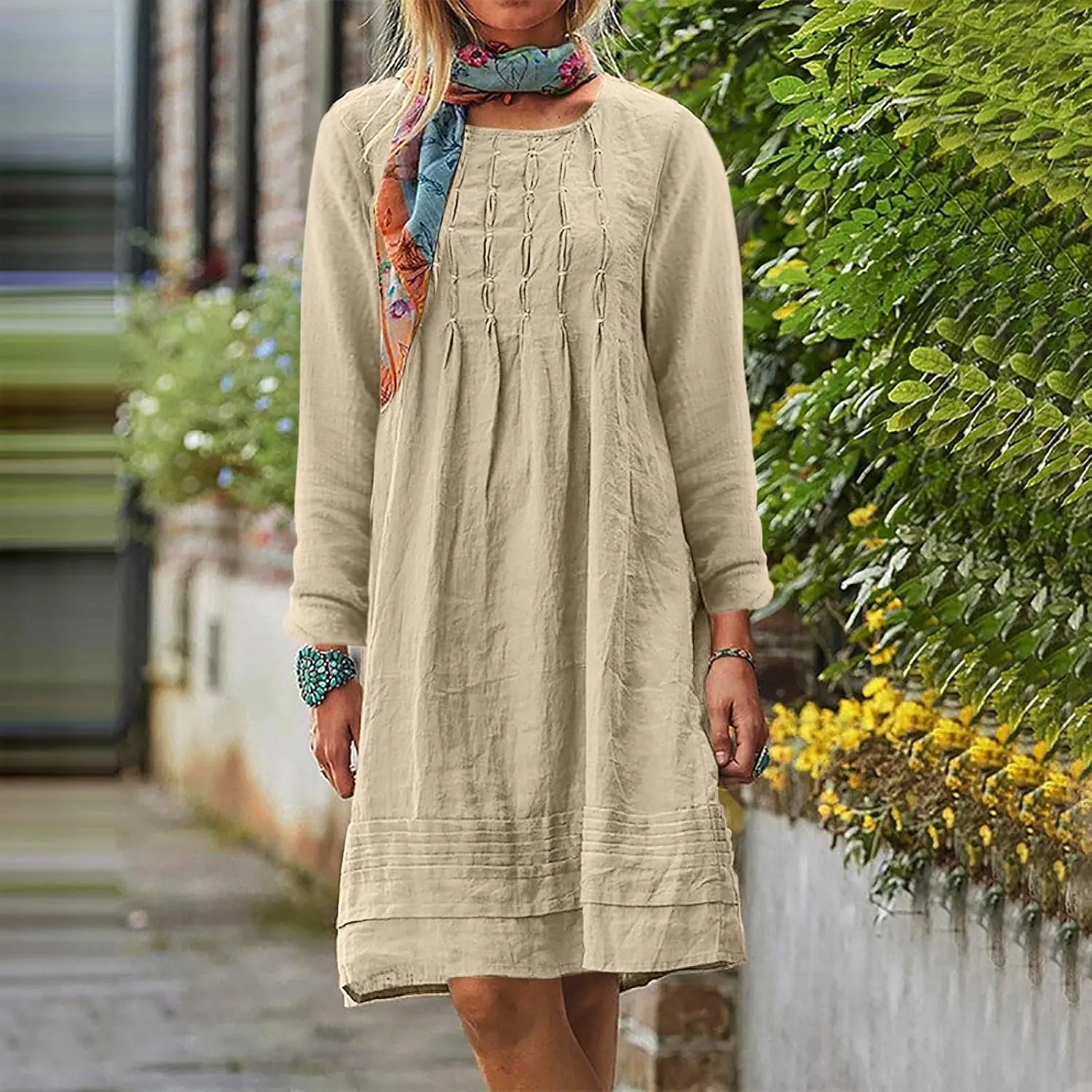 RKSTN Fall Dresses for Women 2025 Casual Cotton Linen Tshirt Dress Long Sleeve Pleated Solid Plus Size Midi Dress