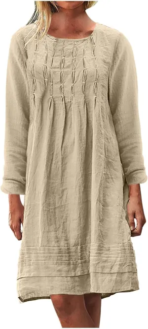 RKSTN Fall Dresses for Women 2025 Casual Cotton Linen Tshirt Dress Long Sleeve Pleated Solid Plus Size Midi Dress