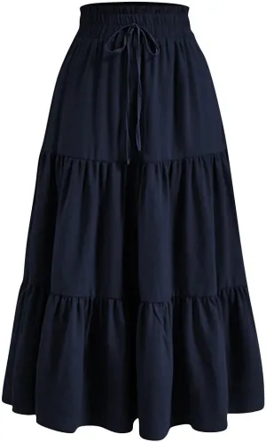 Ruffle Tiered Maxi Skirts for Women Summer Solid Elastic Waisted Skirt Casual Loose Fit Comfy Skirts with Drawstring