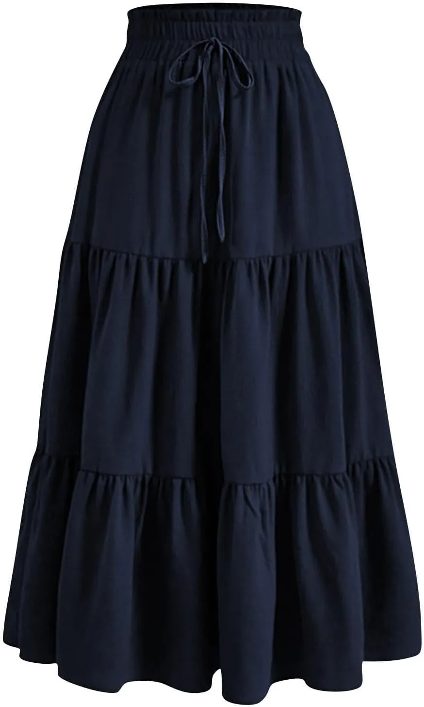 Ruffle Tiered Maxi Skirts for Women Summer Solid Elastic Waisted Skirt Casual Loose Fit Comfy Skirts with Drawstring