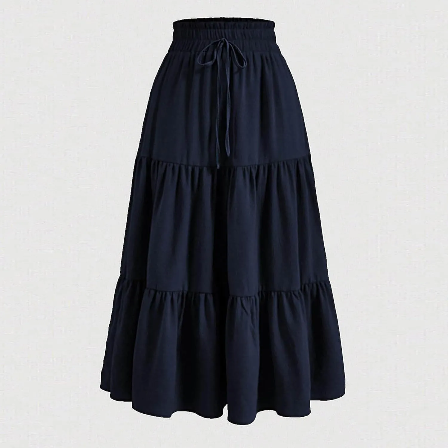 Ruffle Tiered Maxi Skirts for Women Summer Solid Elastic Waisted Skirt Casual Loose Fit Comfy Skirts with Drawstring
