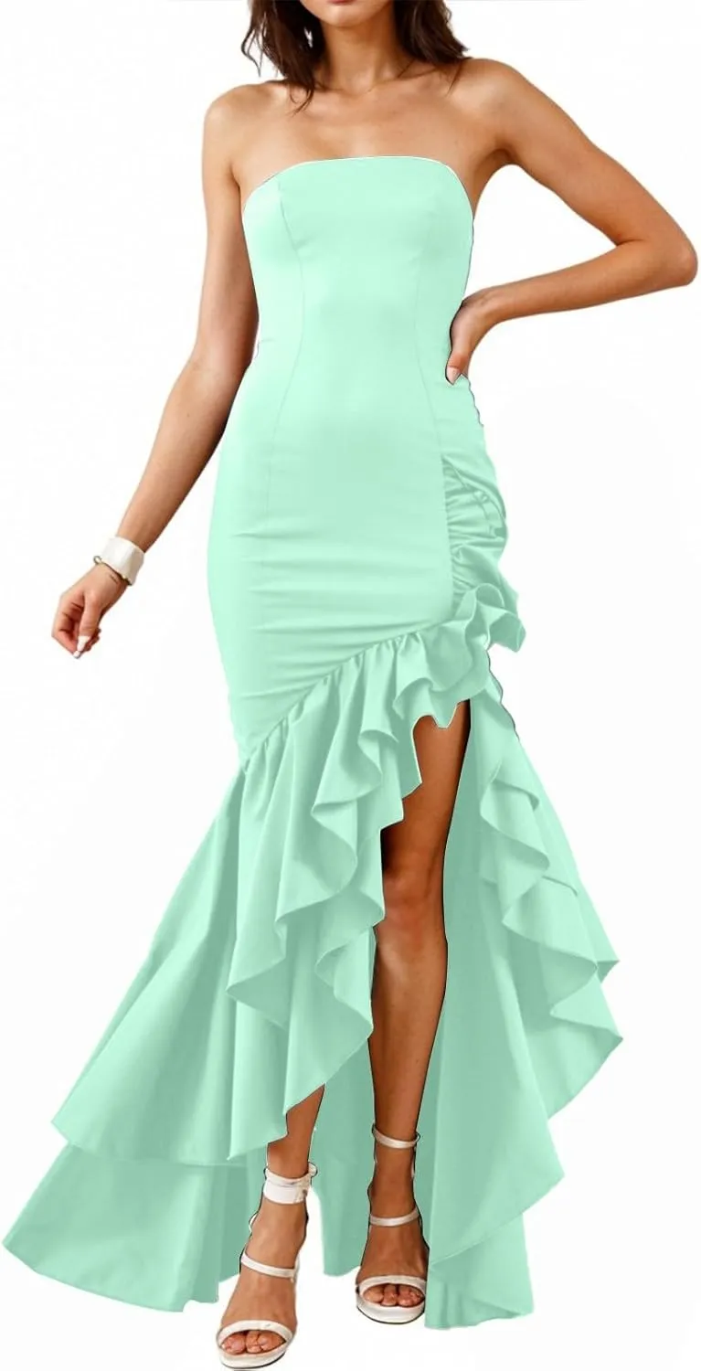 Ruffled Prom Dress with Slit for Women 2025 Strapless Dresses Long Corset Mermaid Evening Ruched Formal Party Gowns