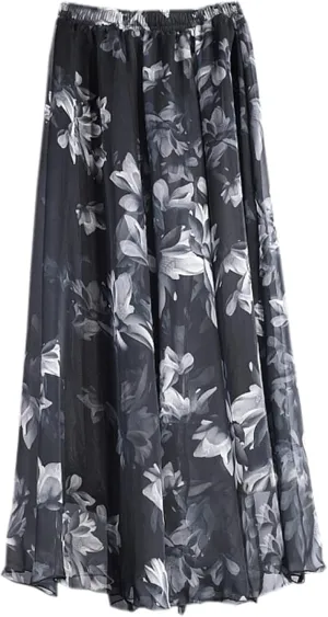 SANGTREE Women's Chiffon Boho Elastic Waist Floral Print Maxi Skirts