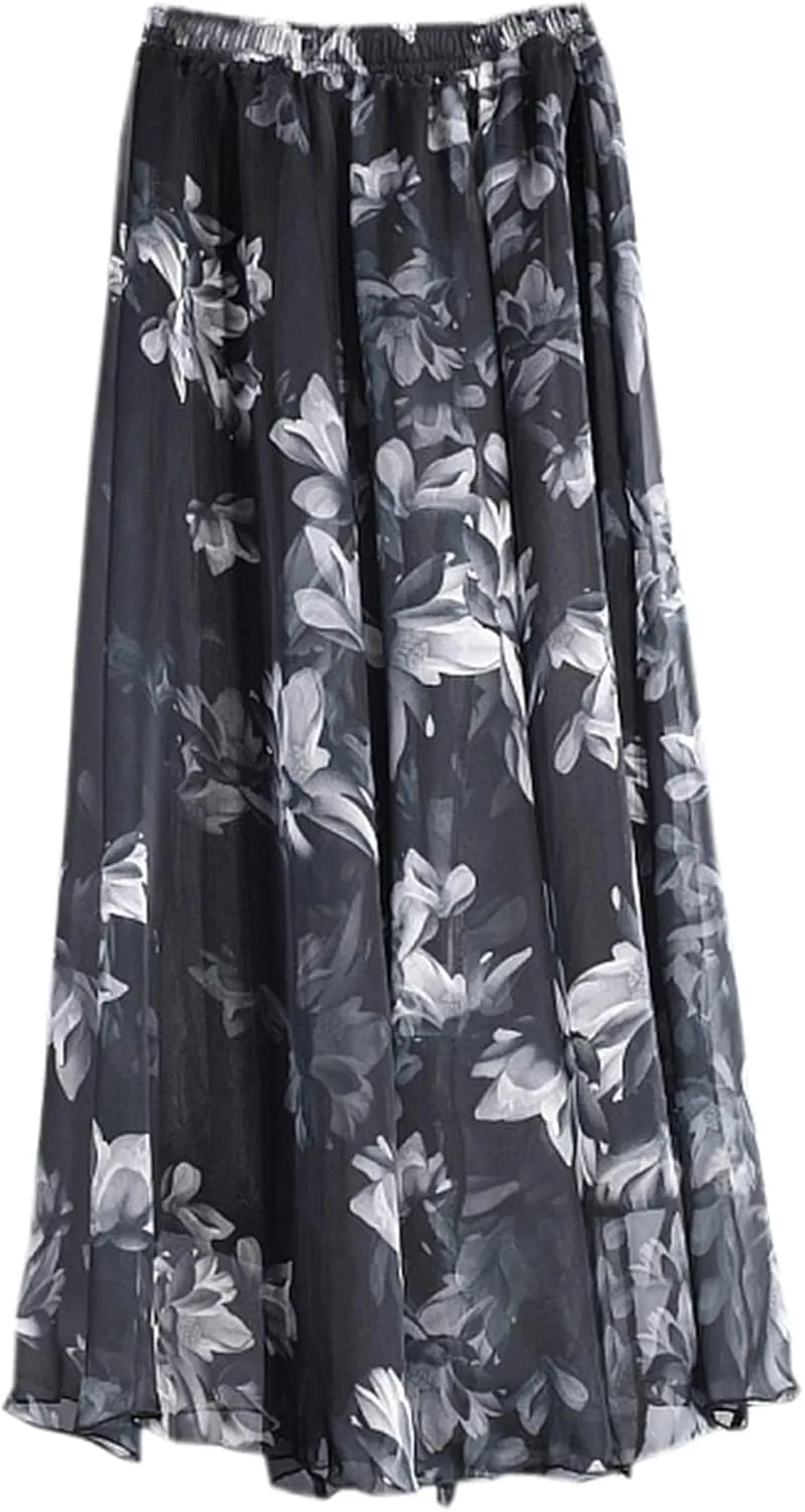 SANGTREE Women's Chiffon Boho Elastic Waist Floral Print Maxi Skirts