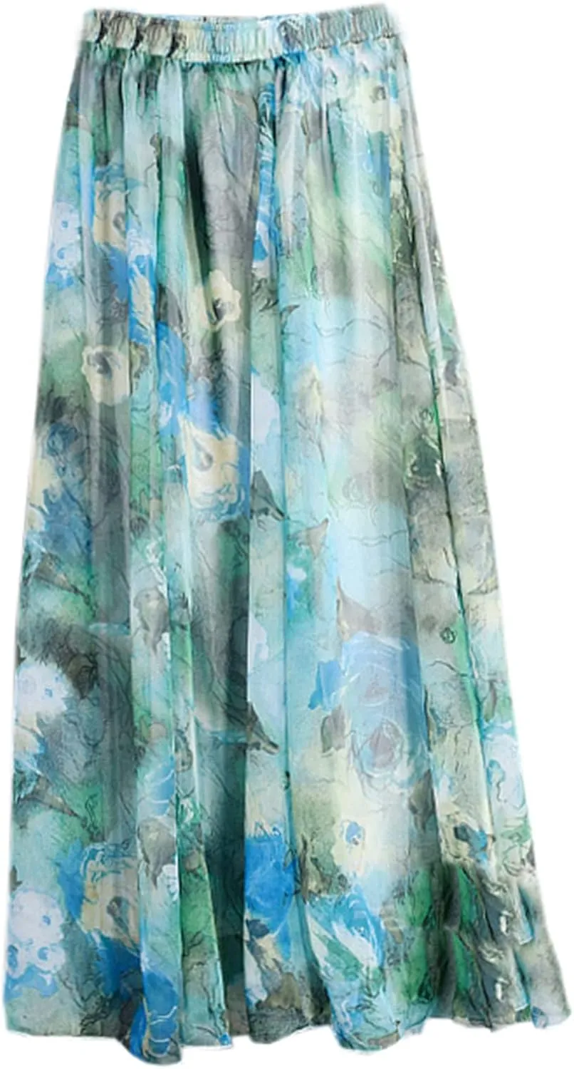 SANGTREE Women's Chiffon Boho Elastic Waist Floral Print Maxi Skirts