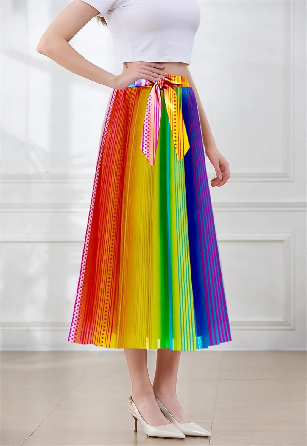 SANGTREE Women's Chiffon Skirt Flowy Floral Midi Maxi Elastic Pleated High Waist Swing Printed Belted Skirt