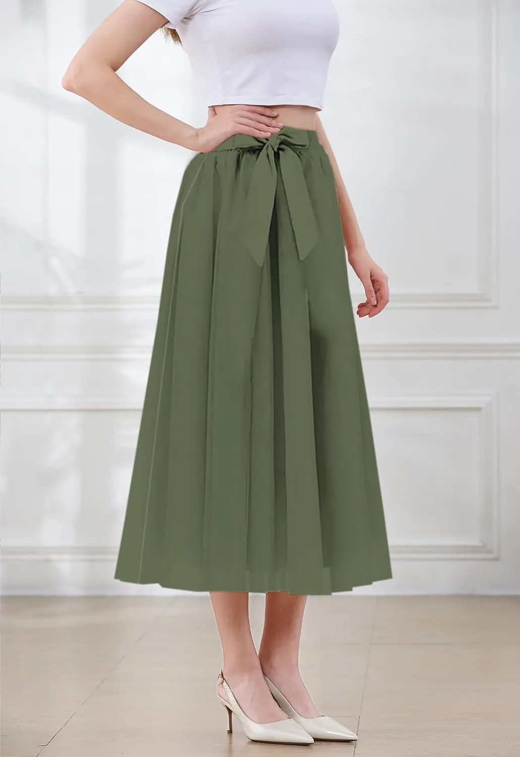 SANGTREE Women's Chiffon Skirt Flowy Floral Midi Maxi Elastic Pleated High Waist Swing Printed Belted Skirt