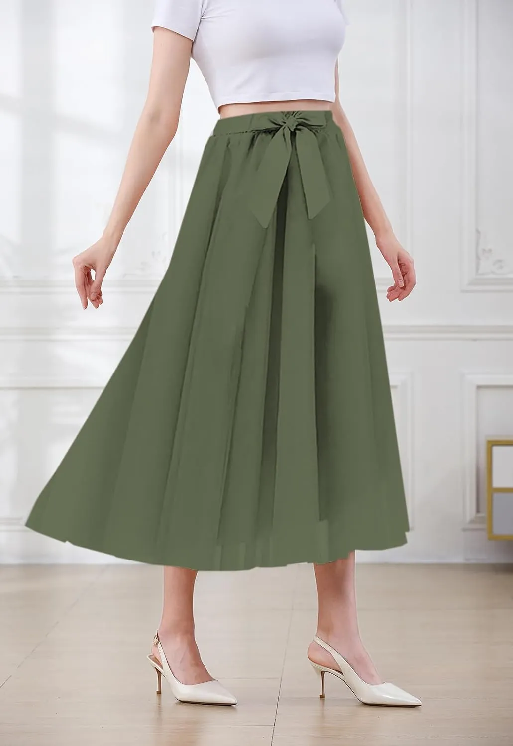SANGTREE Women's Chiffon Skirt Flowy Floral Midi Maxi Elastic Pleated High Waist Swing Printed Belted Skirt