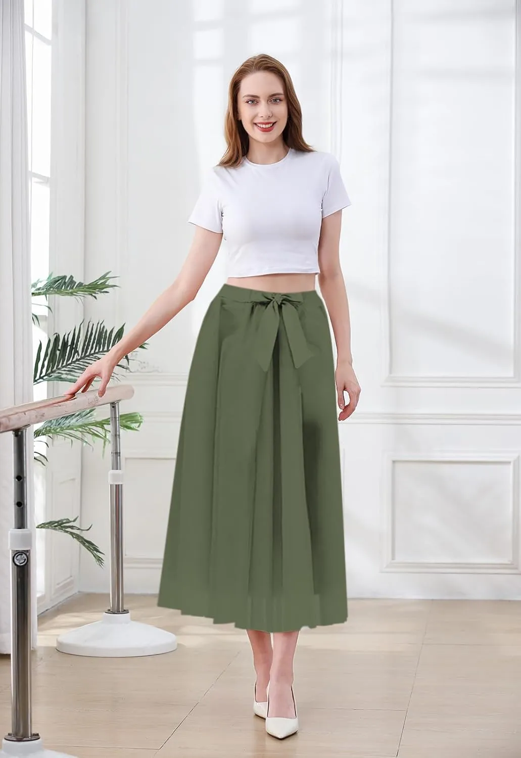 SANGTREE Women's Chiffon Skirt Flowy Floral Midi Maxi Elastic Pleated High Waist Swing Printed Belted Skirt
