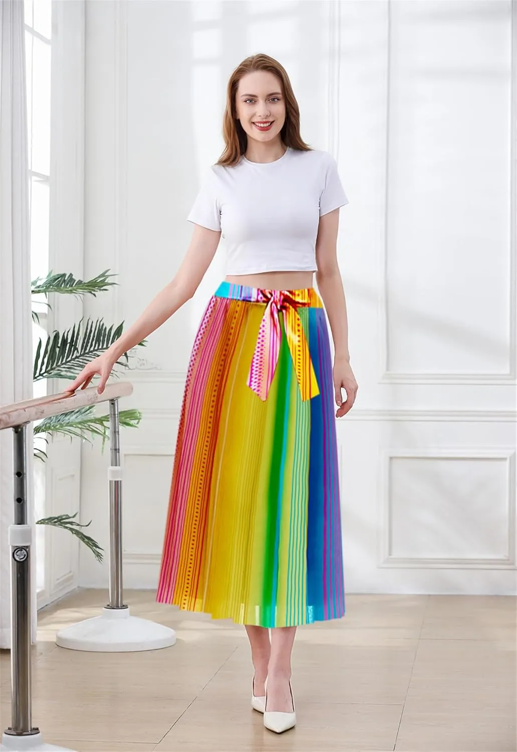 SANGTREE Women's Chiffon Skirt Flowy Floral Midi Maxi Elastic Pleated High Waist Swing Printed Belted Skirt