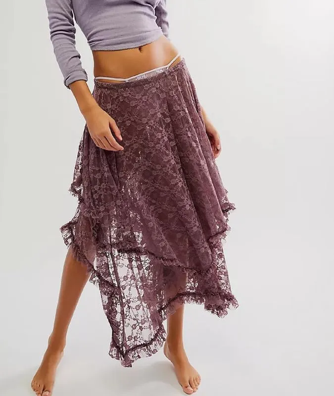 See Through Lace Long Skirts Asymmetrical Ruffle Hem Layered Midi Skirts Fairy Grunge Beach Boho Maxi Skirts