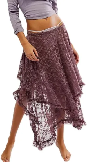 See Through Lace Long Skirts Asymmetrical Ruffle Hem Layered Midi Skirts Fairy Grunge Beach Boho Maxi Skirts