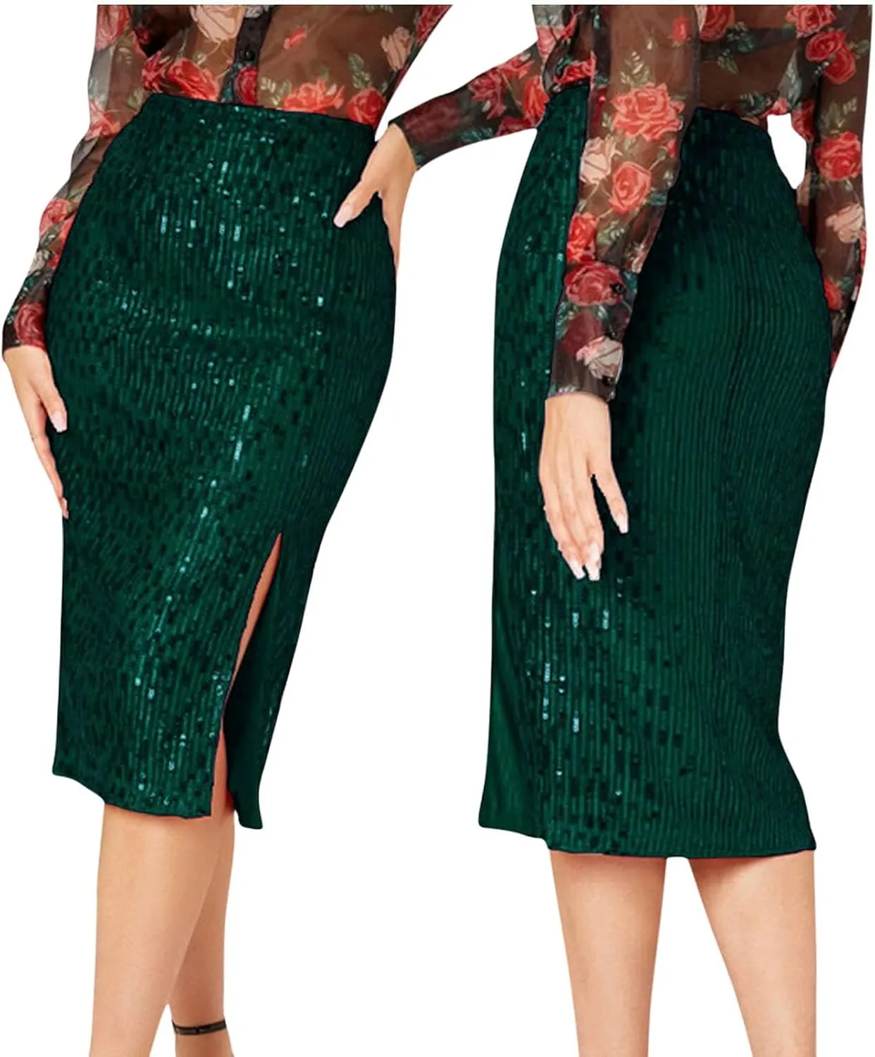 Sequin Skirts for Women Bodycon High Waist Slit Midi Skirt Cocktail Party Nightclub Sparkly Knee Length Skirt
