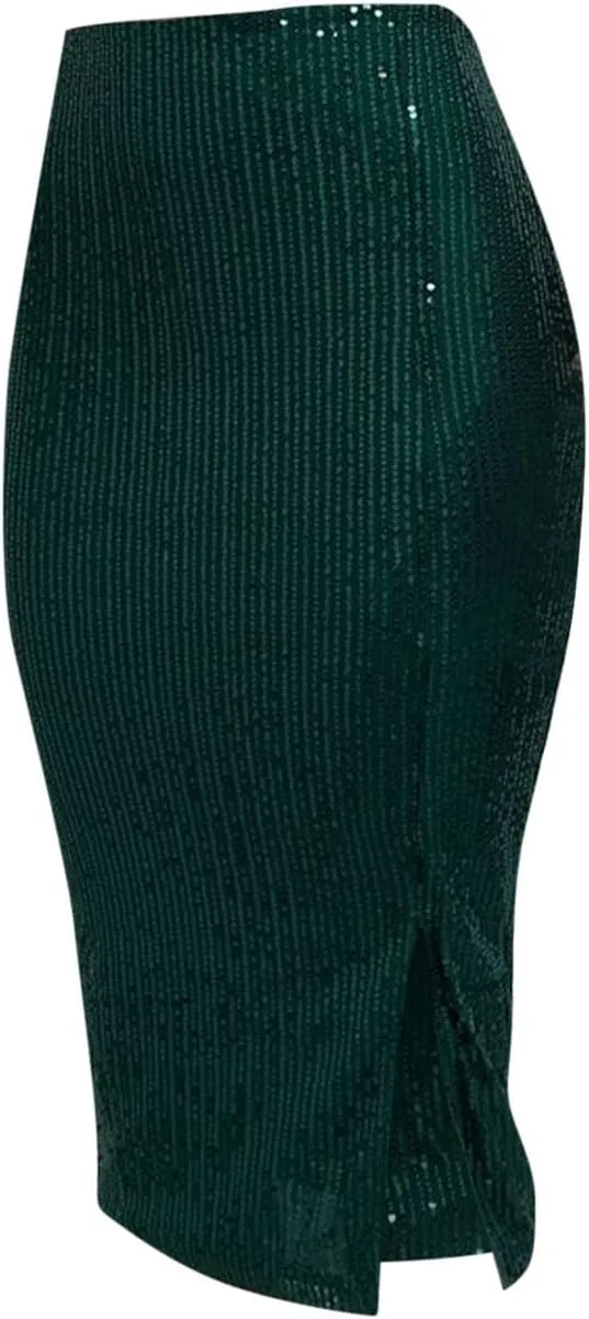 Sequin Skirts for Women Bodycon High Waist Slit Midi Skirt Cocktail Party Nightclub Sparkly Knee Length Skirt