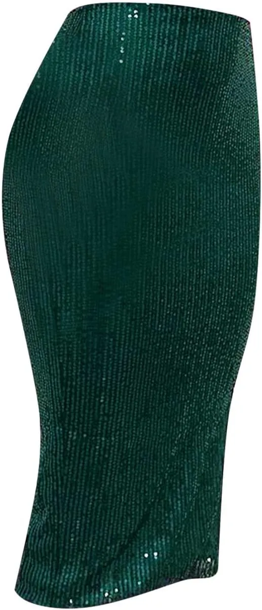 Sequin Skirts for Women Bodycon High Waist Slit Midi Skirt Cocktail Party Nightclub Sparkly Knee Length Skirt