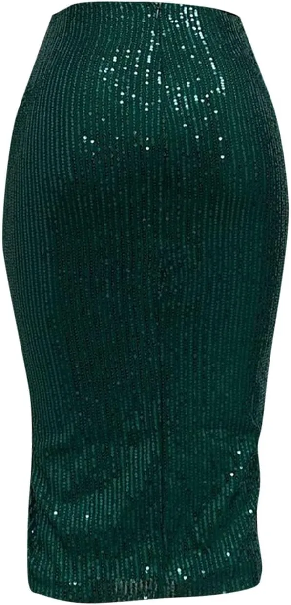 Sequin Skirts for Women Bodycon High Waist Slit Midi Skirt Cocktail Party Nightclub Sparkly Knee Length Skirt