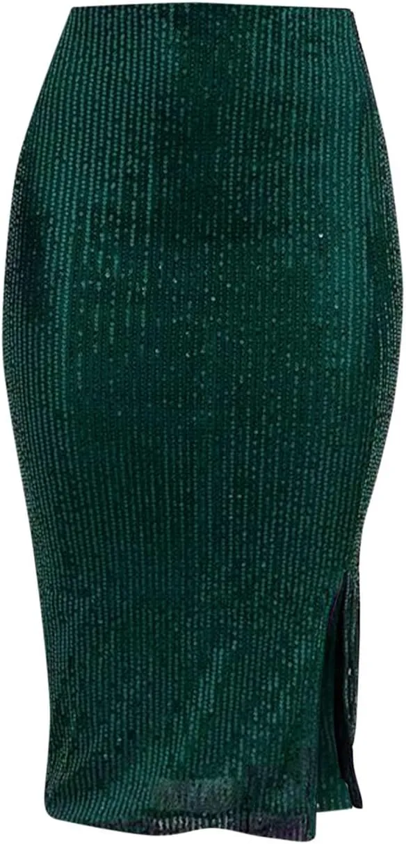 Sequin Skirts for Women Bodycon High Waist Slit Midi Skirt Cocktail Party Nightclub Sparkly Knee Length Skirt