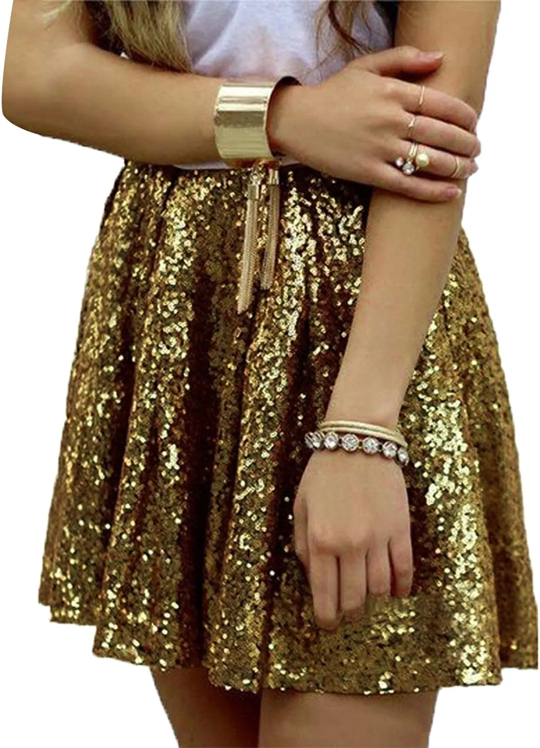 Sequin Skirts for Women High Waist Stretch Pleated Skirts Shiny Bodycon Mini Skirt Rave Party Sparkly Dance Short Skirt