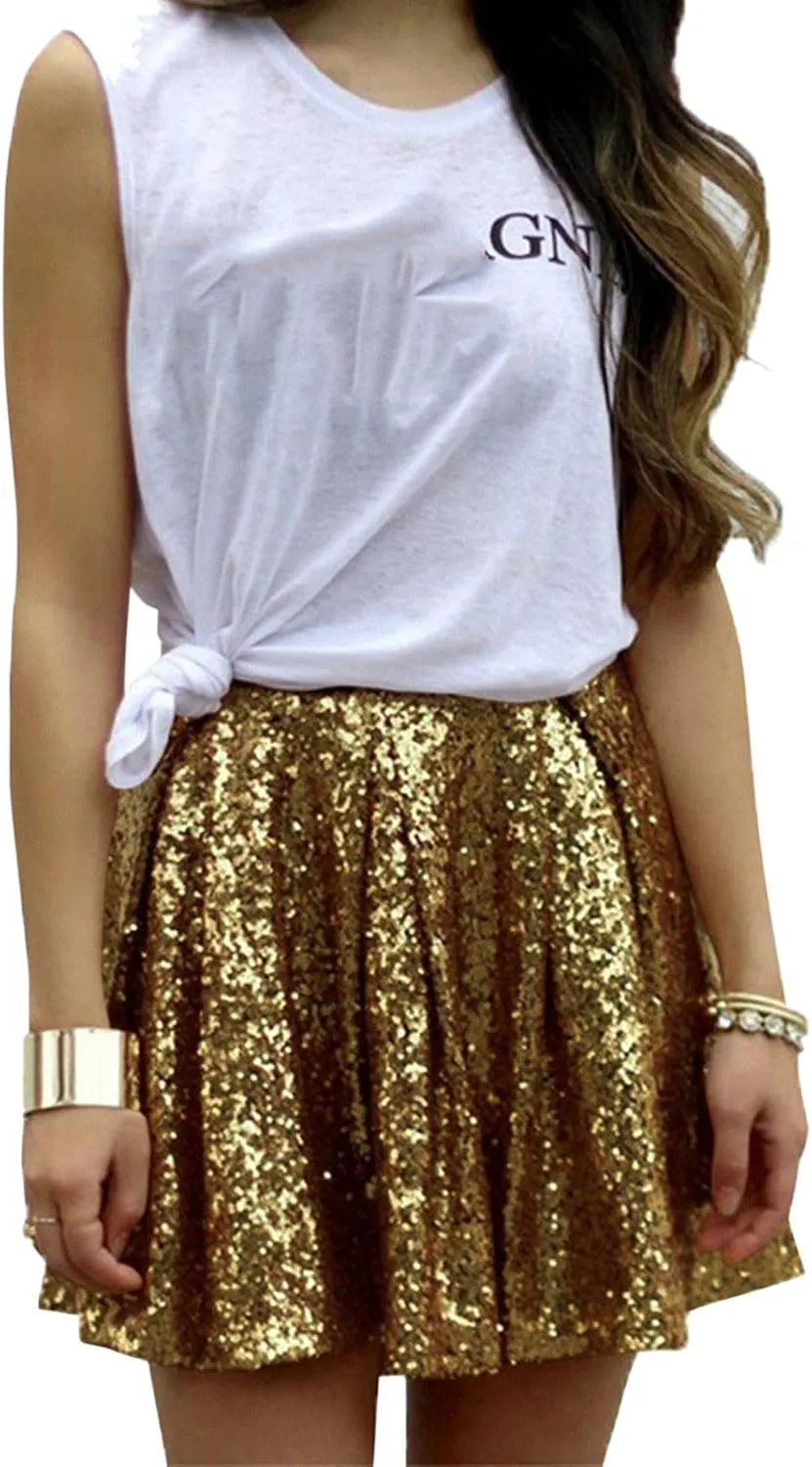 Sequin Skirts for Women High Waist Stretch Pleated Skirts Shiny Bodycon Mini Skirt Rave Party Sparkly Dance Short Skirt