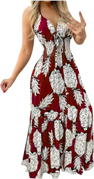 Sexy Maxi Dresses for Women 2024 Bow Tie Pineapple Print Beach Sundresses Spaghetti Strap v Neck Floor Length Dress