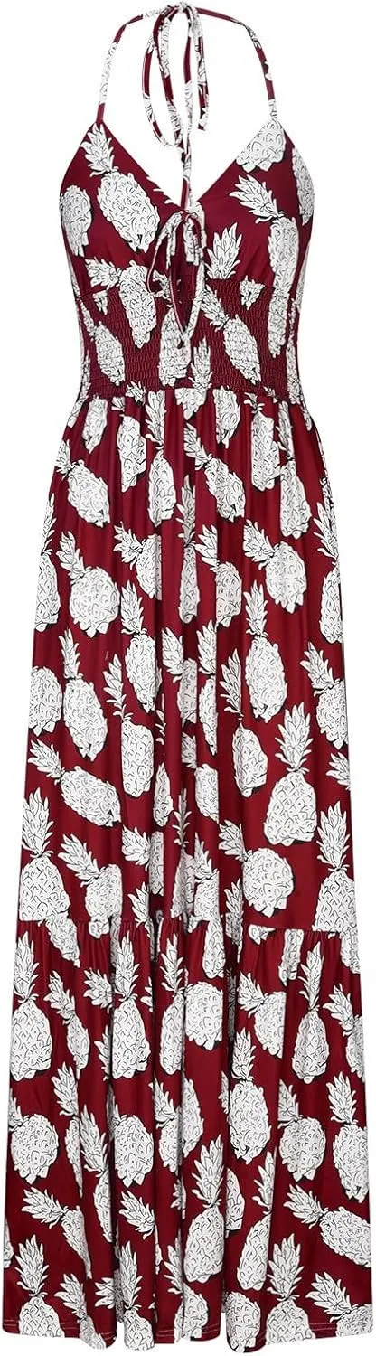 Sexy Maxi Dresses for Women 2024 Bow Tie Pineapple Print Beach Sundresses Spaghetti Strap v Neck Floor Length Dress