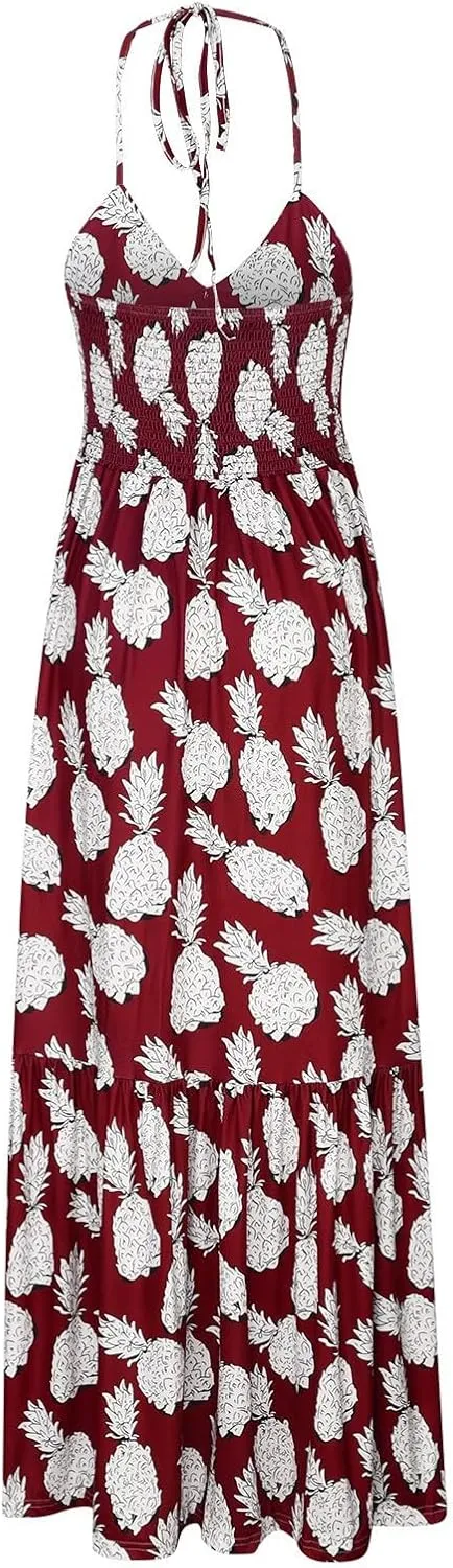 Sexy Maxi Dresses for Women 2024 Bow Tie Pineapple Print Beach Sundresses Spaghetti Strap v Neck Floor Length Dress