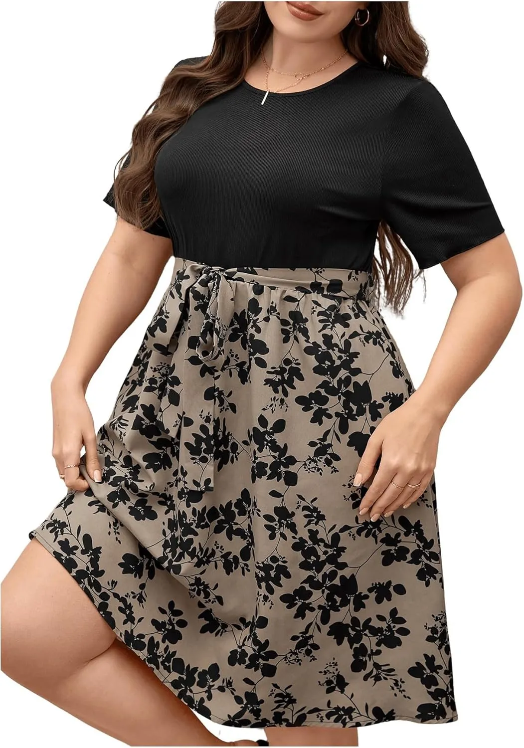 SHENHE Women's Plus Size Floral Print Round Neck Short Sleeve Belted A Line Midi Dress