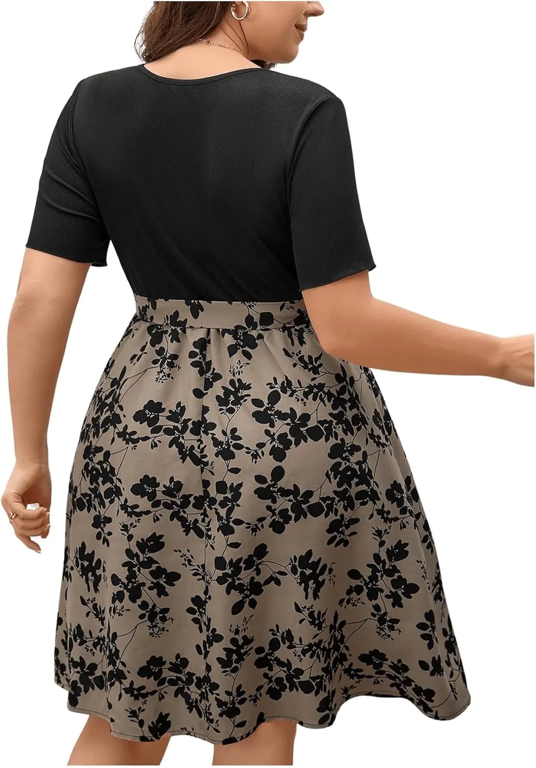 SHENHE Women's Plus Size Floral Print Round Neck Short Sleeve Belted A Line Midi Dress