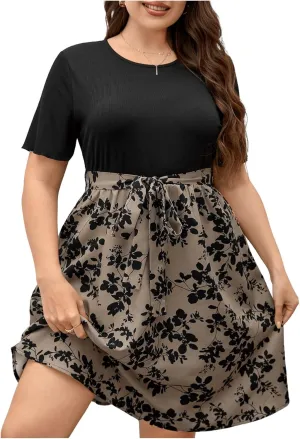 SHENHE Women's Plus Size Floral Print Round Neck Short Sleeve Belted A Line Midi Dress