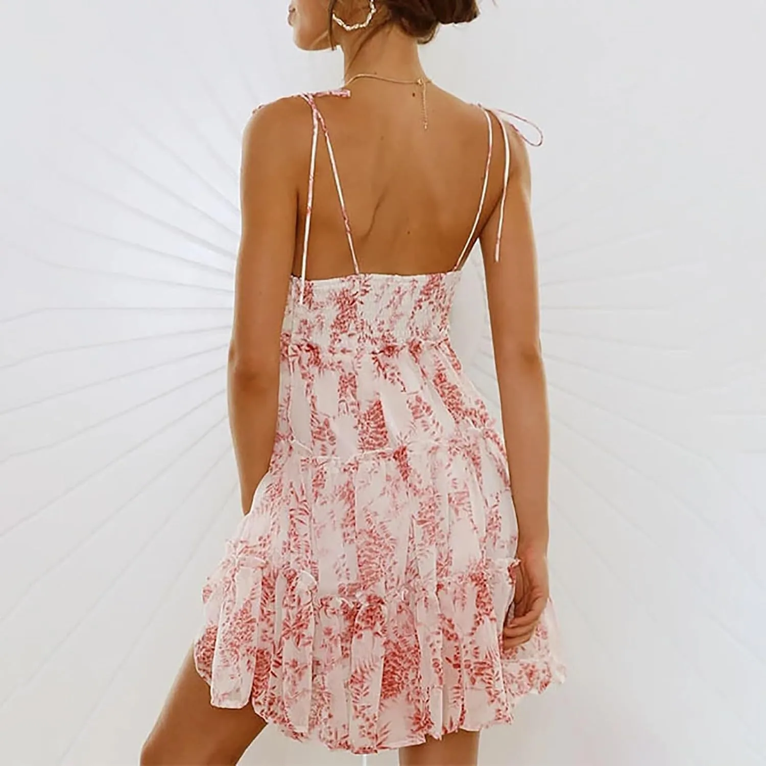 Short Sundresses for Women 2025 Summer Spaghetti Strap Backless Ditsy Floral Dress Summer Tiered Ruffle Mini Dress