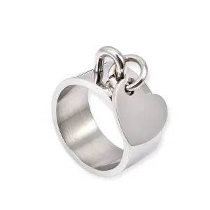 Silver Heart Charm Wide Band Ring