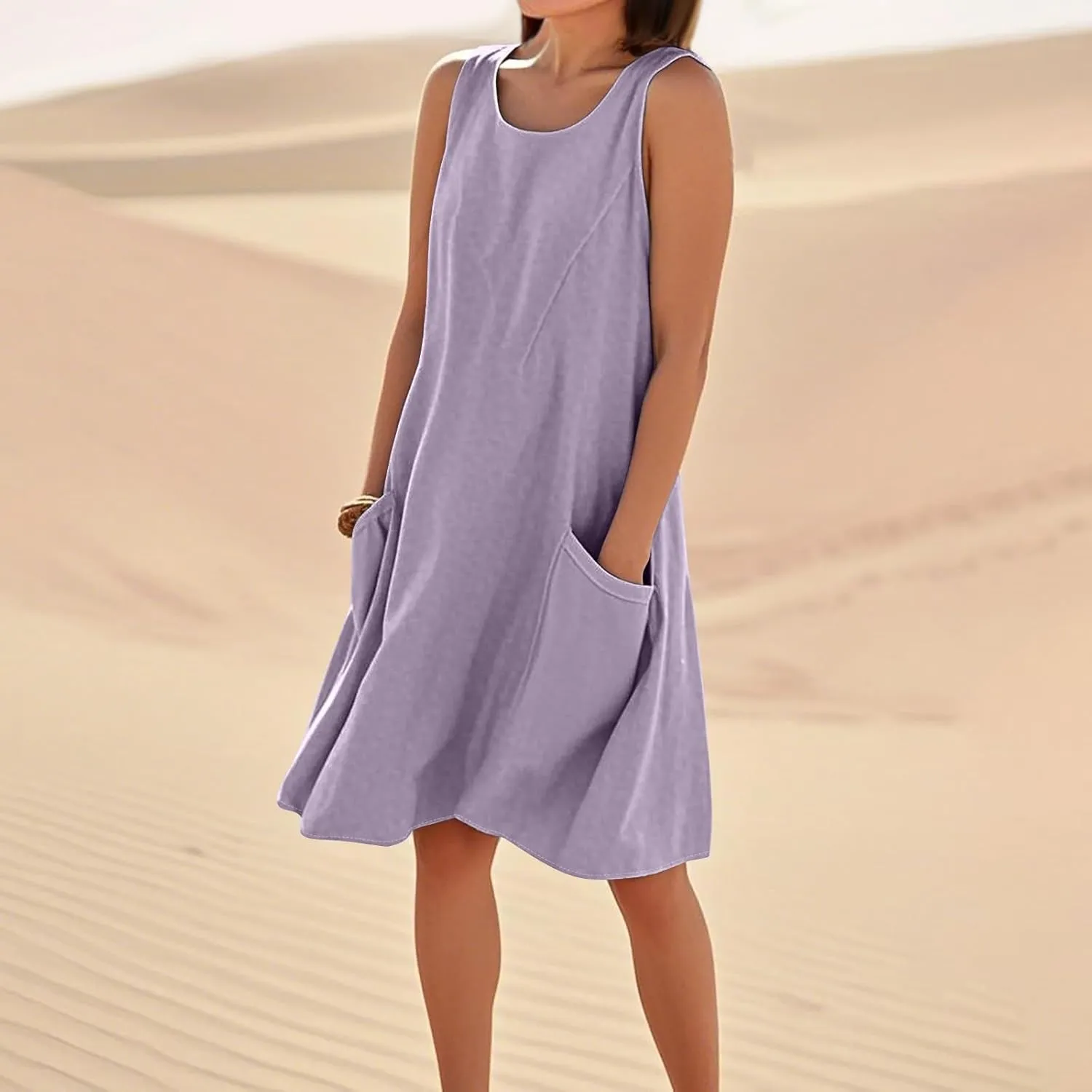 Sleeveless Tank Dresses for Women 2025 Summer Vacation Beach Dress with Pockets Casual Knee Length Sundress