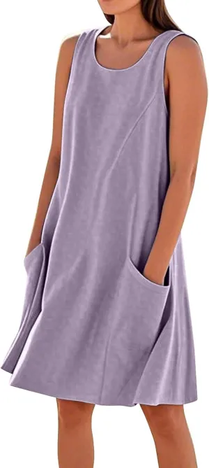 Sleeveless Tank Dresses for Women 2025 Summer Vacation Beach Dress with Pockets Casual Knee Length Sundress