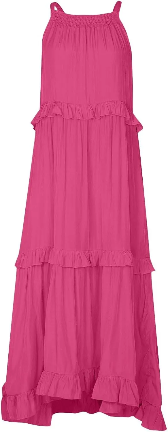 Smocked Dress Women Summer Sleeveless Tank Dresses Halter Tie Back Flowy Ruffle Tiered Maxi Dress with Pockets